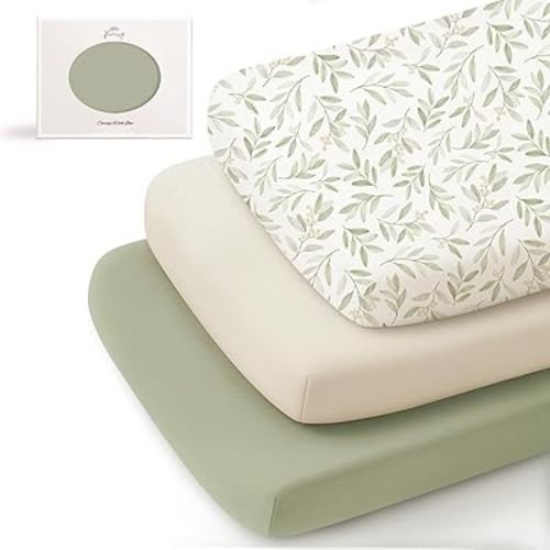 Konssy 3 Pack Stretchy Bassinet Sheets for Baby Girl Boy, Soft Breathable Baby Bassinet Mattress Sheets Fit for Hourglass Oval Cradle, Moses Basket Rectangle Mattress (Garden Sage)