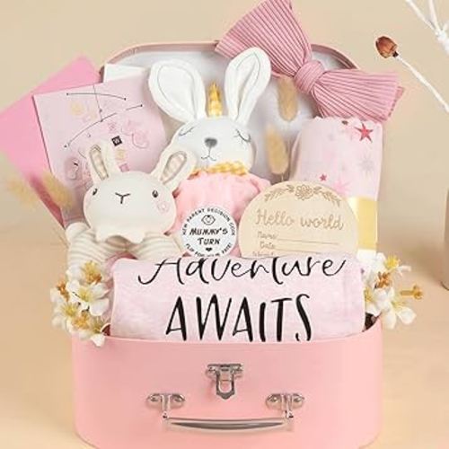 Baby Shower Gifts Basket Baby Gift Set for Newborns New Born Baby Girls Gift Set Pink Baby Gift Basket with Baby Rattle Swaddle Blanket Decision Coin Security Blanket Gender Reveal Gifts for Baby Girl