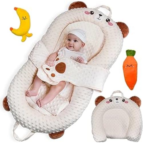 Baby Lounger for Newborns to 12 Months, Premium Velvet Cover, Infant Nest, Tummy Time Mat, Bottle Feeding Pillow & Portable Co-Sleeper Bed with Carrot & Banana Toys