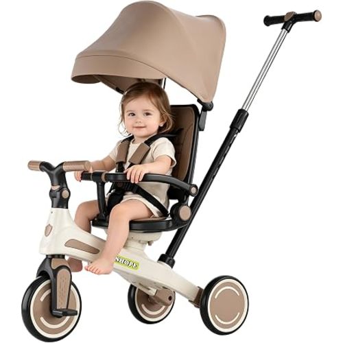 Kids Tricycle, 6 in 1 Baby's Toddler Trike with Adjustable Handle(Coffee)