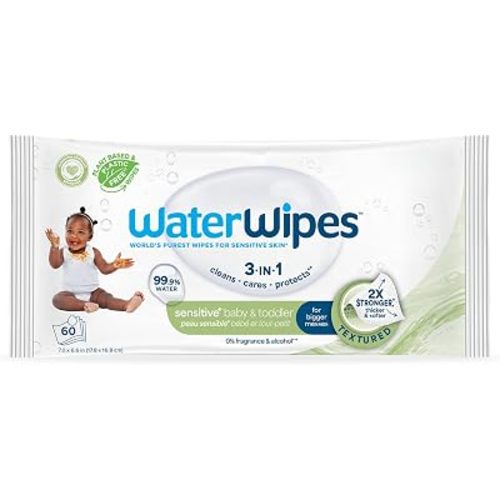 WaterWipes Sensitive+ Baby & Toddler Wipes, 3-In-1 Cleans, Cares, Protects, 99.9% Water, Textured Clean, Unscented & Hypoallergenic, 60 Count (1 Pack)