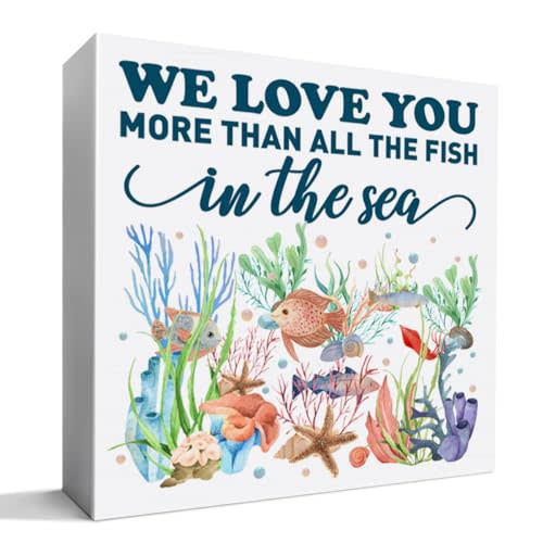 Nursery Desk Decor Wooden Sign, Nursery Decoration for Playroom Toy Room Kid's Bedroom, Nursery Gift for Baby Boy Girl Newborn Kids, We Love You More Than All The Fish in The Sea