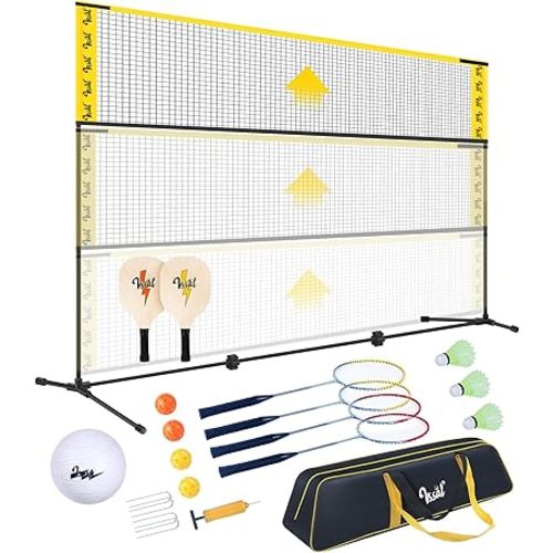 3-in-1 Portable Badminton, Volleyball & Pickleball Net Set, Adjustable Height 34"–10 ft for Backyards or Beach, Outdoor Sports Combo with Carry Bag, Rackets, Paddles & Balls