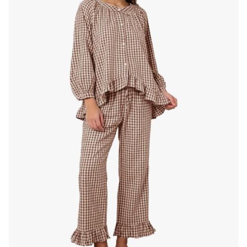 Flygo Gingham Cotton Pajamas for Women Set Ruffle Pajama Lounge Sets