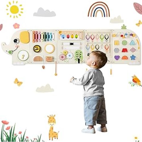 Elephant Activity Wall Busy Board Panels,Wooden Montessori Learning Activity Center Sensory Toys Wooden Sensory Wall Panel for Kids Ideal Furniture for Playroom Daycare Dentist Waiting Room Nursery