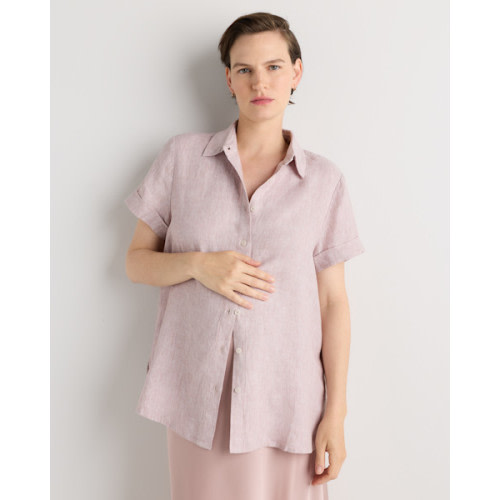 100% European Linen Maternity Camp Shirt in White
