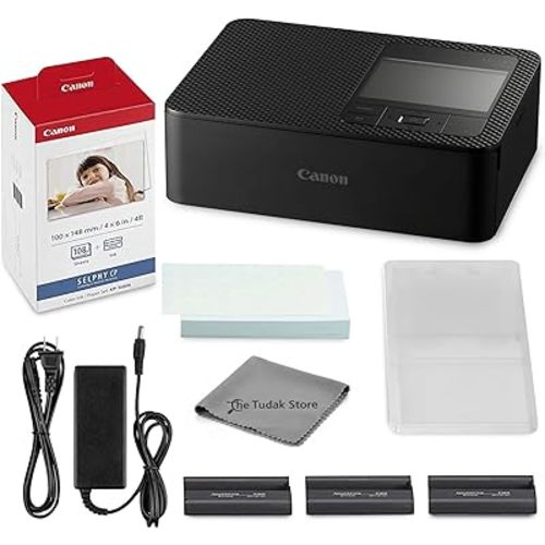 Canon Selphy CP1500 Photo Printer Bundle (Black) with KP-108 Paper (108 Sheets) 3 Color Ink Cartridges & Tudak Cleaning Cloth – Wireless Compact Dye-Sub Printer Kit