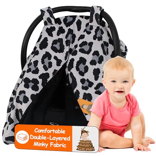 Dear Baby Gear Car Seat Cover for Boys & Girls - Baby Carseat Canopy w/Snap Opening - Infant Seat Cover - Stroller & Nursing Covers - Newborn Carrier Canopy- 40x30" (Gray Leopard Print, Smooth Black)