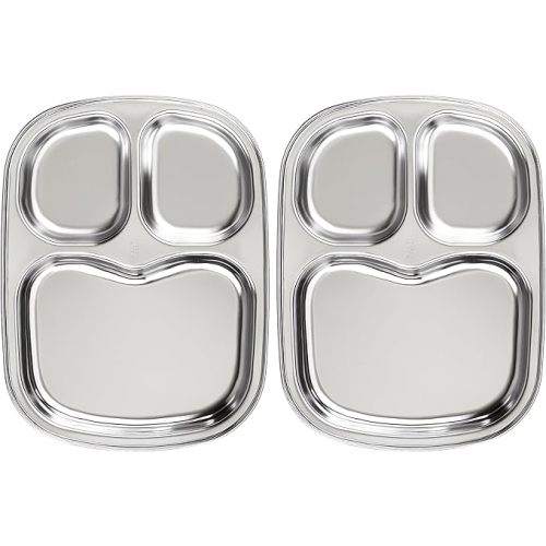 Korean Stainless Steel Divided Plates for Toddlers, Kids, Babies, Premium 304, Electro-Polished, No Black Residue, BPA-Free, 3-Compartment Plate, Food Tray for Camping, Balanced Meals, Set of 2