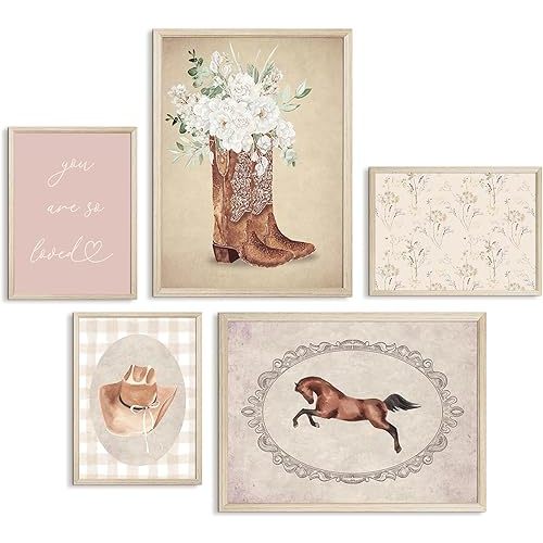 Cowgirl Nursery Wall Art Coquette Western Girl Poster Vintage Horse Floral Canvas Pictures Aesthetic Pink Preppy Room Wall Decor Rustic Cowgirl Prints for Girls Bedroom 12x16x5 Inch Wood Framed