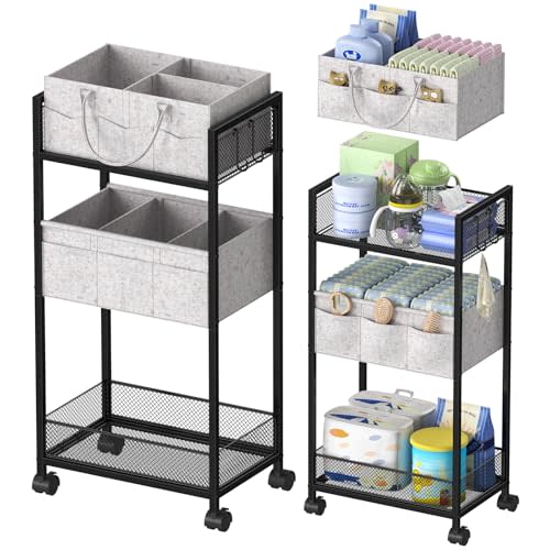 VEESUN 2In1 Baby Diaper Caddy Organizer and Storage - 3 Tier Rolling Diaper Cart with Dividers, Easy Assemble, Mobile Metal Diaper Organizer, Detachable Diaper Caddy Cart for Nursery, Large Capacity
