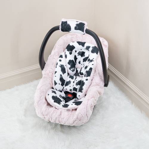 Cow Print & Pale Pink Baby Car Seat insert Cushions Set:  Head and Body Rest - Car Seat Straps Cushions - Baby Car Seat Accessories