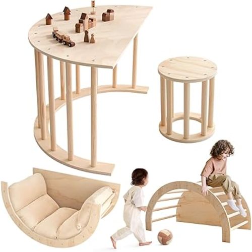 Arch Rocker Arch with Cushion - Wooden Climber Montessori Climbing Arch with Stool for Kids, Pillow for Arches