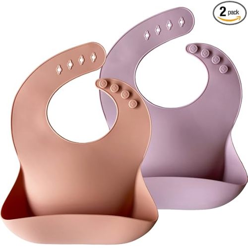 Moonkie Silicone Baby Bibs Set of 2, BPA Free Waterproof Baby Bibs for Eating, Soft Adjustable Silicone Bibs for Babies 6-12 Months, Toddler Bibs with Large Pocket Food Catcher (Muted/Pale Mauve)