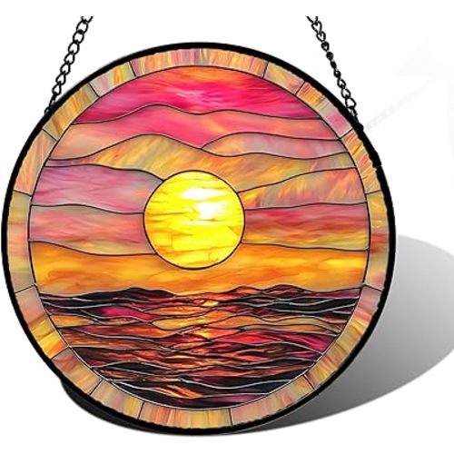 Stained Glass Window Hanging, Sunrise Sea Surface Sun Catchers Diamond Glass Panel Hangings Abstract Suncatcher Decor for Birthday for Women, Men, Wife, Aunt, and Mom 7.8 in