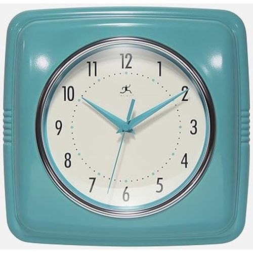 Infinity Instruments Retro – 9-Inch Square Silent Non-Ticking Mid-Century Modern Wall Clock – Vintage Decorative Timepiece for Kitchen, Office, or Diner – Turquoise