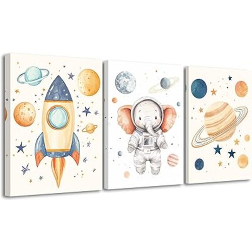 BJYCHG Space Baby Animals Picture Nursery Wall Decor Set of 3 Cute Elephant and Planets Poster Prints Safari Astronauts Kid Painting for Boys Girls Room Framed (Beige, 11x14inchx3 Pieces)