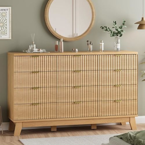Fluted Dresser for Bedroom with 12 Drawers, 57" Wide Modern Chest of Drawers with Metal Handle, Wooden Dresser TV Stand, Wood Closet Clothes Storage Organizer for Living Room, Hallway, Natural Oak