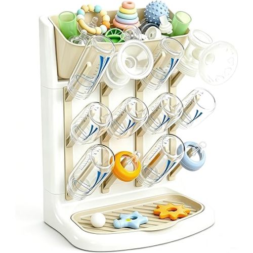 GoMaihe Baby Bottle Drying Rack: Space Saving Vertical Bottle Dryer Holder - Baby Accessories Storage Stand Organize Brushes Pacifiers on Countertop - BPA-Free - Beige
