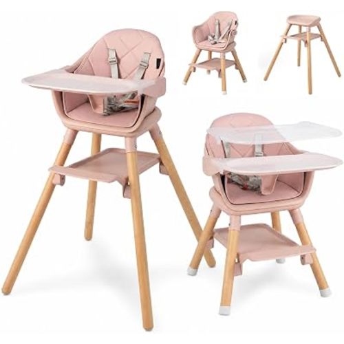 HONEY JOY Baby High Chair, 6 In 1 Convertible Wooden Highchair for Babies and Toddlers/Toddler Chair/Bar Stool, Removable Double Tray & Reversible Footrest, Safety Harness for Infant Boys Girls (Pink)