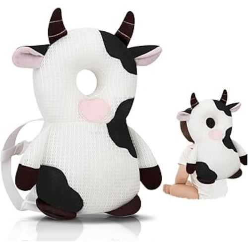 Baby Walker Head Protector Backpack Wear,Toddler Adjustable Baby Head Protection Backpack for Safety Baby Learning Walking Crawling (White Cow)
