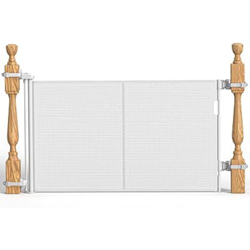 Upgraded Retractable Baby Gates for Stairs & Banister, Mesh Dog Gate Indoor, Extends to 55" Wide 33" Tall, Child Safety Gate for Stairway, Banister & Wall Mount (White)