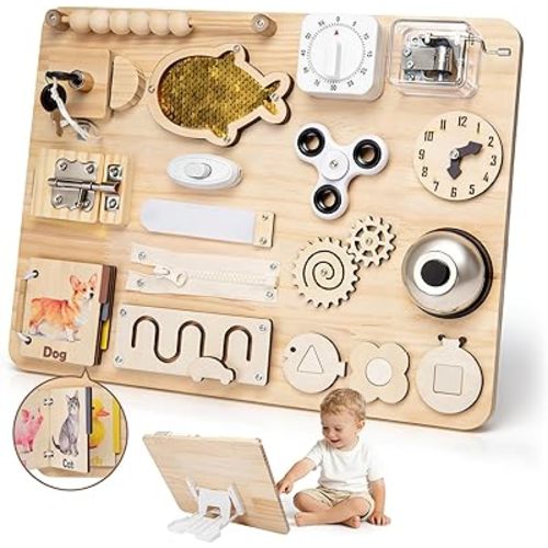 Montessori Large Busy Board for 1 2 3 4,Wooden Sensory Activity Toys,Fine Motor Skills & Early Learning for Toddler Baby Boys Girls Gifts for ADHD & Autistic Kids Children