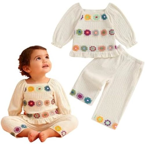 Conjunto de camisa de manga larga y pantalones elásticos para niñas pequeñas, diseño de flores coloridas de ganchillo, ropa de 2 piezas