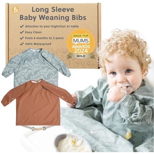 BIBaDO - Long Sleeve Baby Bibs - Babies & Toddlers 6-36 Months - Coverall Baby Led Weaning Bib - Easy Wipe, Soft & Waterproof