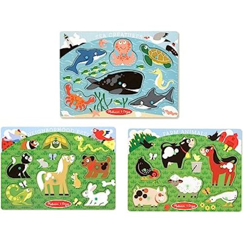 Melissa & Doug Animals Wooden Peg Puzzles Set - Farm, Pets, and Ocean - Animal Puzzles, Peg Puzzles For Toddlers Ages 2+