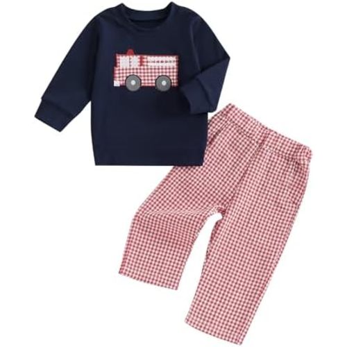 Toddler Baby Boy FireTruck Outfit Fire Truck Sweatshirt Top Red Gingham Pants Set 2Pcs Birthday Fall Winter Clothes