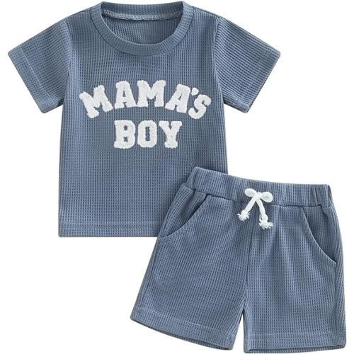 Kupretty Toddler Baby Boy Summer Clothes Embroiderey Waffle Knit Short Sleeve T-Shirt Tees + Casual Shorts Cute Clothing Set