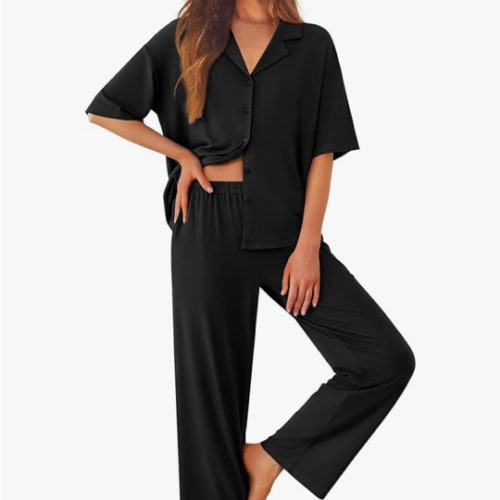 Ekouaer Women Pajamas Set Button Down Sleepwear Short Sleeve Pjs Soft Comfy Nightwear with Long Pants S-XXL