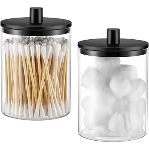 TIPGO Glass Qtip Holder Dispenser - 10 oz Clear Canister Apothecary Jar, Bathroom Vanity Storage Organizer Set for Cotton Swabs, Pads, Floss Picks, Small Containers for Makeup Storage (2 Pack, Black)