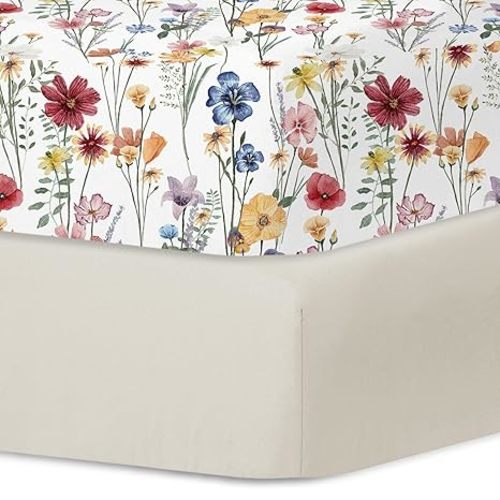 Little Grape Land Crib Sheets for Girls and Boys, 2pk Baby Crib Fitted Sheet for Standard Size Crib and Toddler Mattress, Super Soft Baby Sheet (Spring Flower & Beige)