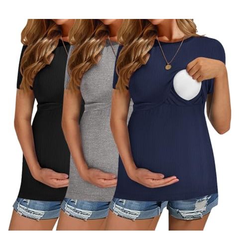 Ekouaer Womens Nursing Tops 3 Pack Short Sleeve Ribbed Breastfeeding Shirts Double Layer Maternity Shirt Pregnancy Clothes
