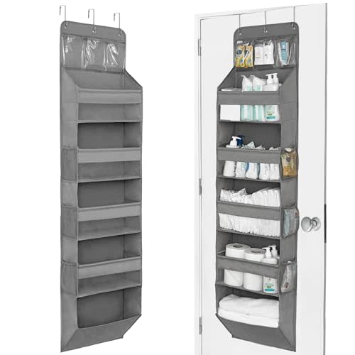 Over The Door Organizer Hanging with 5 Large & 6 Side Pockets 5 Tier Behind Door Storage 50 lbs for Closet, Nursery, Bathroom Door Organizer, 1 Pack, Grey