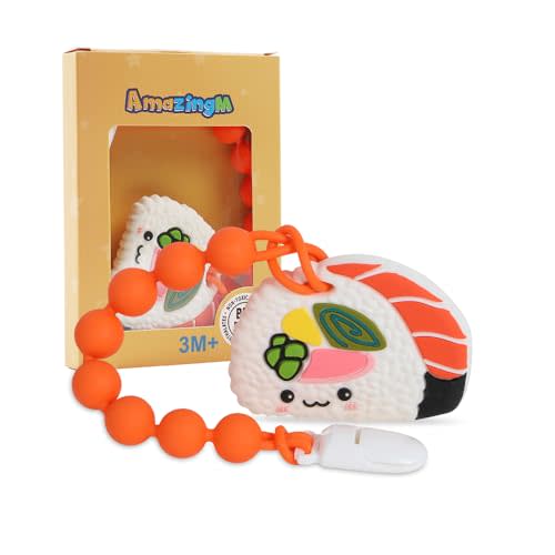 Baby Food Grade Silicone Teether Toy with Pacifier Clip Holder,Teething Toys Gift Set for 3 Months+ Boys and Girls,Freezer Safe,BPA Free. (Sushi)