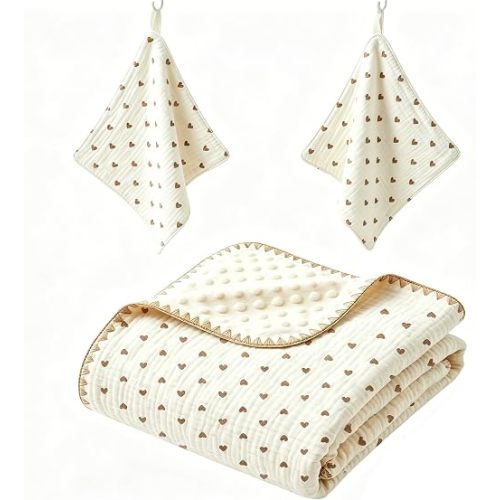 3-Piece Cotton Baby Blanket Set, 2 Baby Washcloths (Heart)