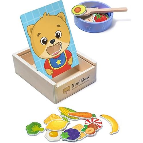 Bimi Boo Wooden Feeding Toy - Montessori Scooping Toy for Toddlers 1-4+ - Fine Motor Skills Pretend Play Food Set for Kids (27 Various Foods, a Spoon, Bowl)