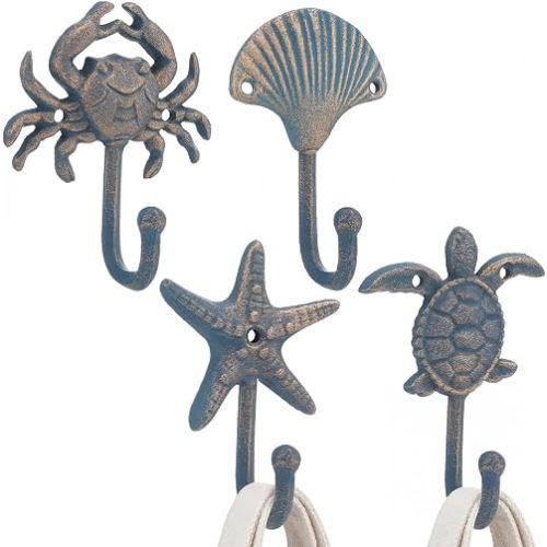 Sosation 4 Pcs Ocean Cast Iron Wall Hooks Nautical Towel Hooks Metal, Blue