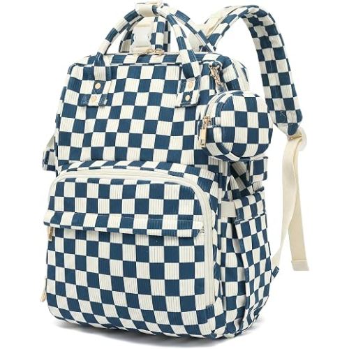 Lrenagao Baby Diaper Bag Backpacks for Mom Dad, Corduroy Large Capacity Multifunction Nappy Bag with Pacifier Case, Baby Travel Essentials Diaper Backpack for Boys Girls - Checkered Navy Blue