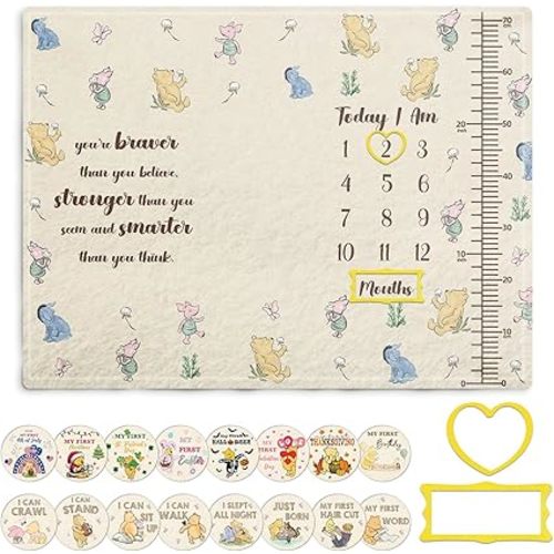 Classic Pooh Baby Monthly Milestone Blanket, Winnie Baby Blanket Growth Chart, Blanket with Photo Tools, with Double-Sided Printed Cardstock（16 Unforgettable Moments of Babies） 30 * 40in