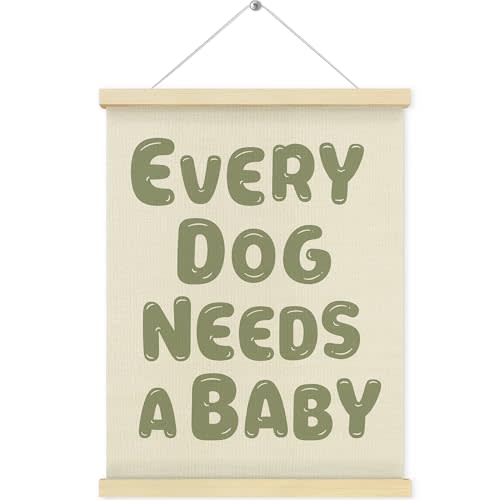 QEJ Every Dog Needs a Baby Wall Art Decor, Baby Shower Reveal Decor Canvas Poster Hanger Frame, Pregnancy Announcement Wall Decorations for Newborn Room Bedroom Playroom Decor, 12x16 Inch(Sage Green)