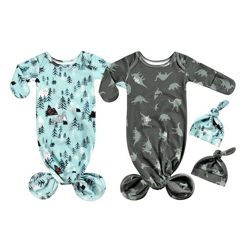 Terriboo Newborn Baby Long Sleeve Sleeper Gown with Mittens Cotton Knotted Gown Nightgown Hat Set 2 Pieces