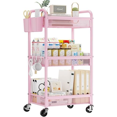 YASONIC 3 Tier Rolling Cart – Metal Utility Storage Cart with Wheels, Craft Cart Organizer with Hanging Cups, Hooks, Mesh Basket for Bedside Kitchen Office Art, Pink