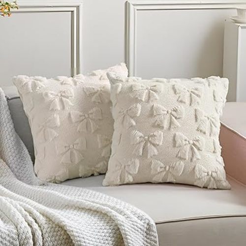 Mixweer Bow Pillow Covers Set of 2 Preppy Room Decor, 18"x18", Beige