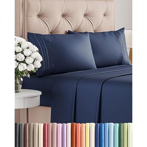 Queen Size 4 Piece Sheet Set - Comfy Breathable & Cooling Sheets - Hotel Luxury Bed Sheets for Women and Men - Deep Pockets, Easy-Fit, Soft and Wrinkle Free Sheets - Navy Blue Oeko-Tex Bed Sheet Set