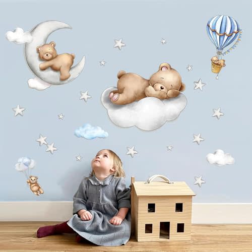 Watercolor Bear Wall Decals, Cute Sleeping Animal Stickers, Peel and Stick Vinyl Art for Gender Neutral Bedroom & Doctor Office Decor