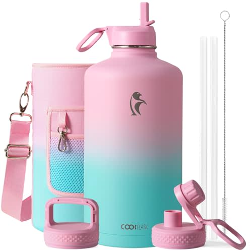 Coolflask 128 oz Gallon Water Bottle Insulated with Straw&3 Lids, Water Jug Large Stainless Steel Metal Vacuum Wide Mouth for Sports, Gym or Office, Non-BPA Keep Cold 48H Hot 24H, Bubblegum Princess